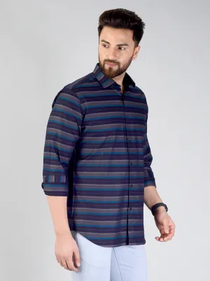 Blue & Grey Striped Slim Fit Evening Wear Shirt | Metal