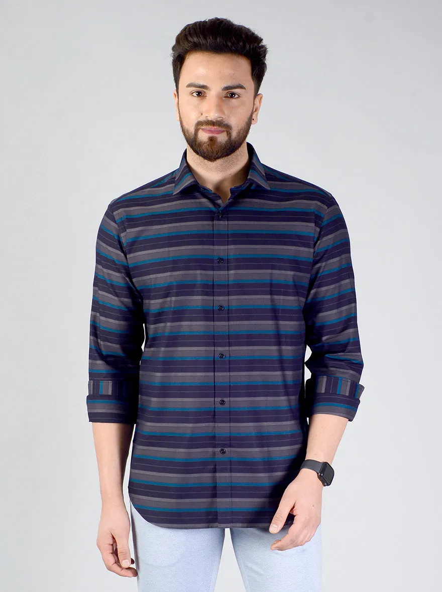 Blue & Grey Striped Slim Fit Evening Wear Shirt | Metal