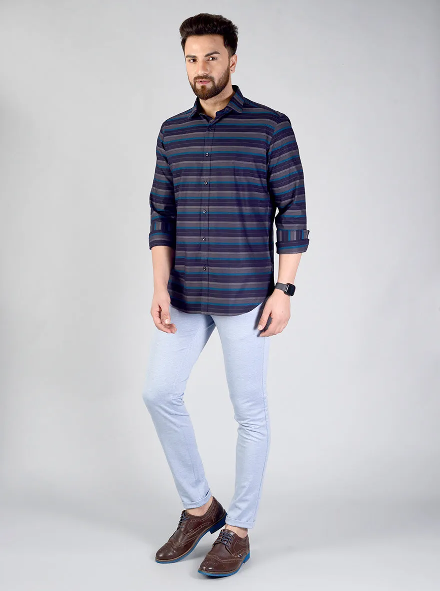 Blue & Grey Striped Slim Fit Evening Wear Shirt | Metal