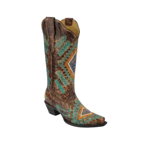 Corral Women's Diamond Cowgirl Snip Toe Turquoise Cognac Boots