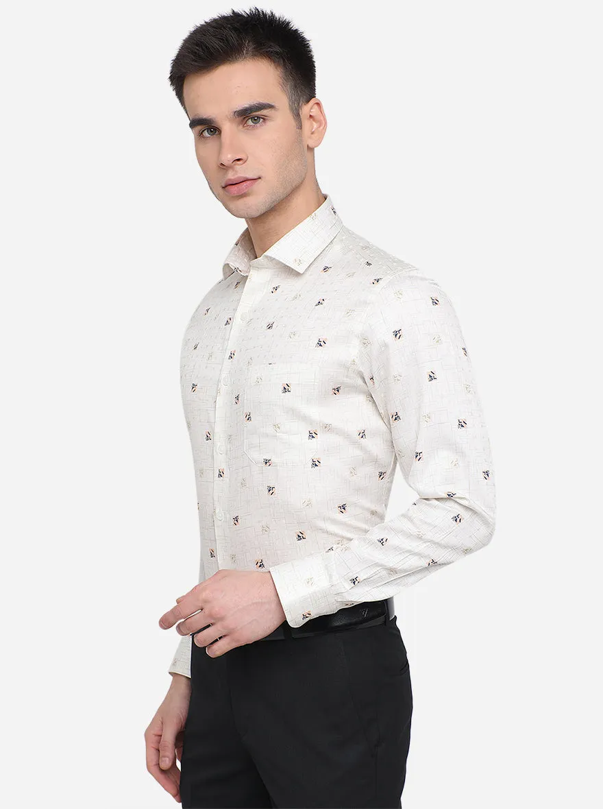 Cream & Blue Printed Slim Fit Formal Shirt | Metal