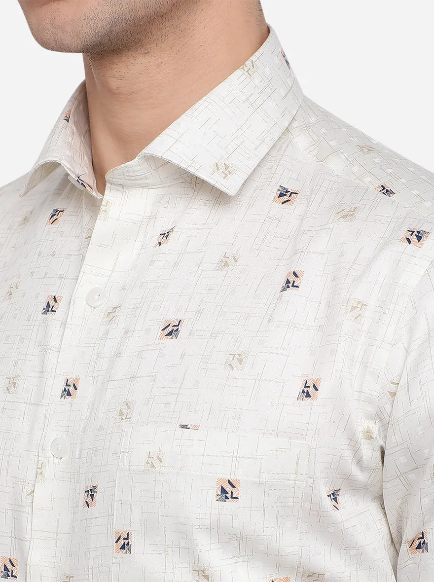 Cream & Blue Printed Slim Fit Formal Shirt | Metal