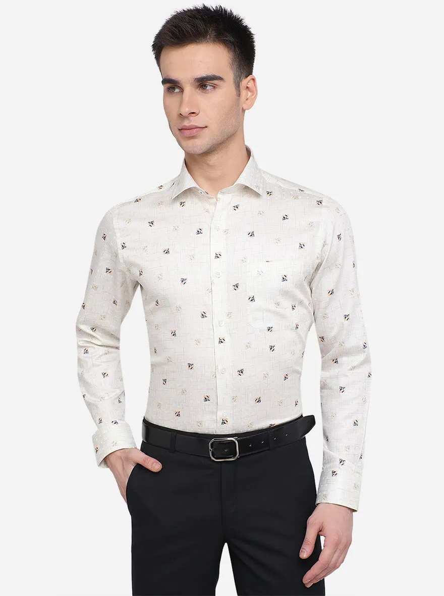 Cream & Blue Printed Slim Fit Formal Shirt | Metal