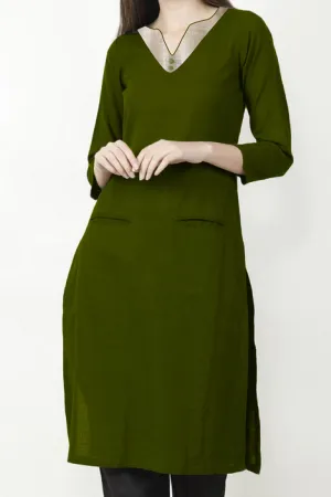 Emma - Olive green kurta with beige neckline