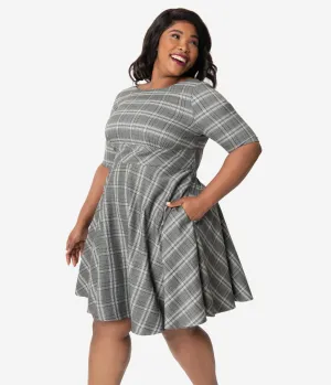 Hell Bunny Plus Size 1950s Style Grey Plaid Frostline Swing Dress