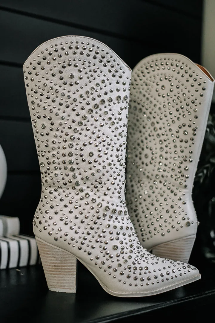 WHITE SCOOTIN RHINESTONES AND STUDS TALL BOOT